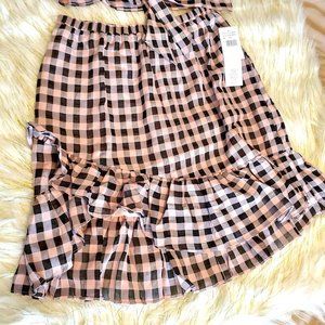 Dress The Population Cosmopolitan Pink and Black Plaid Skirt L Ruffled Bottom